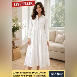 Zara White Eyelet Midi Dress Small 100% Cotton Boho Chic Tiered Shirt Dress S